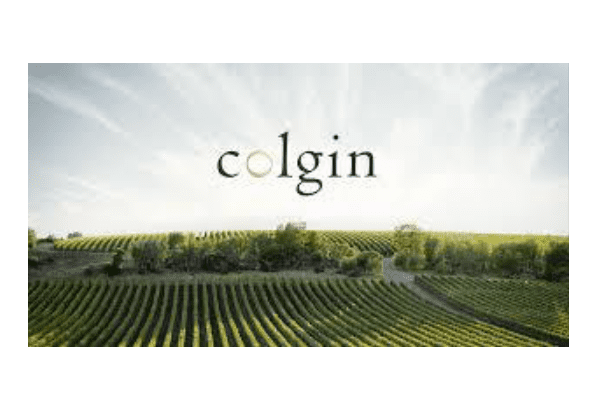 Scenic vineyard landscape with Colgin logo overlay.