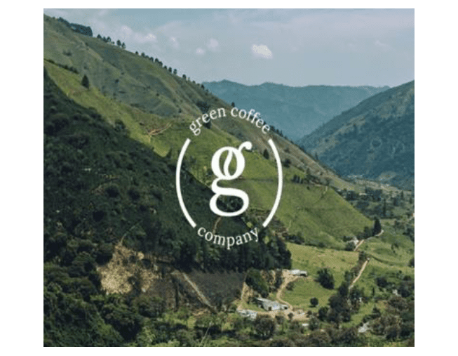 Logo of Green Coffee Company over a lush green mountainous landscape.