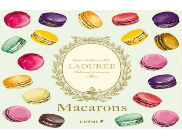 Colorful Ladurée macarons in various flavors on a pastel green background.