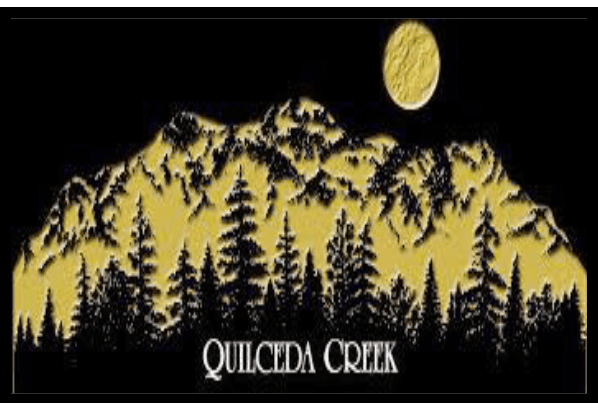 Mountain landscape with pine trees and a full moon, featuring 'Quilecta Creek' text.