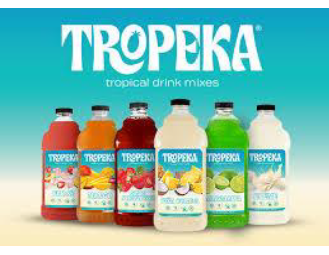 Variety of colorful Tropeka tropical drink mixes bottles lined up.