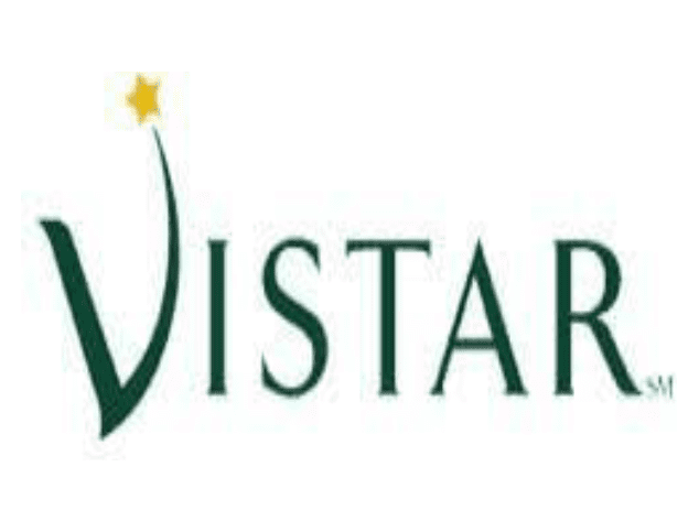 Logo with the text 'VISTAR' and a yellow flower above the letter 'V'.