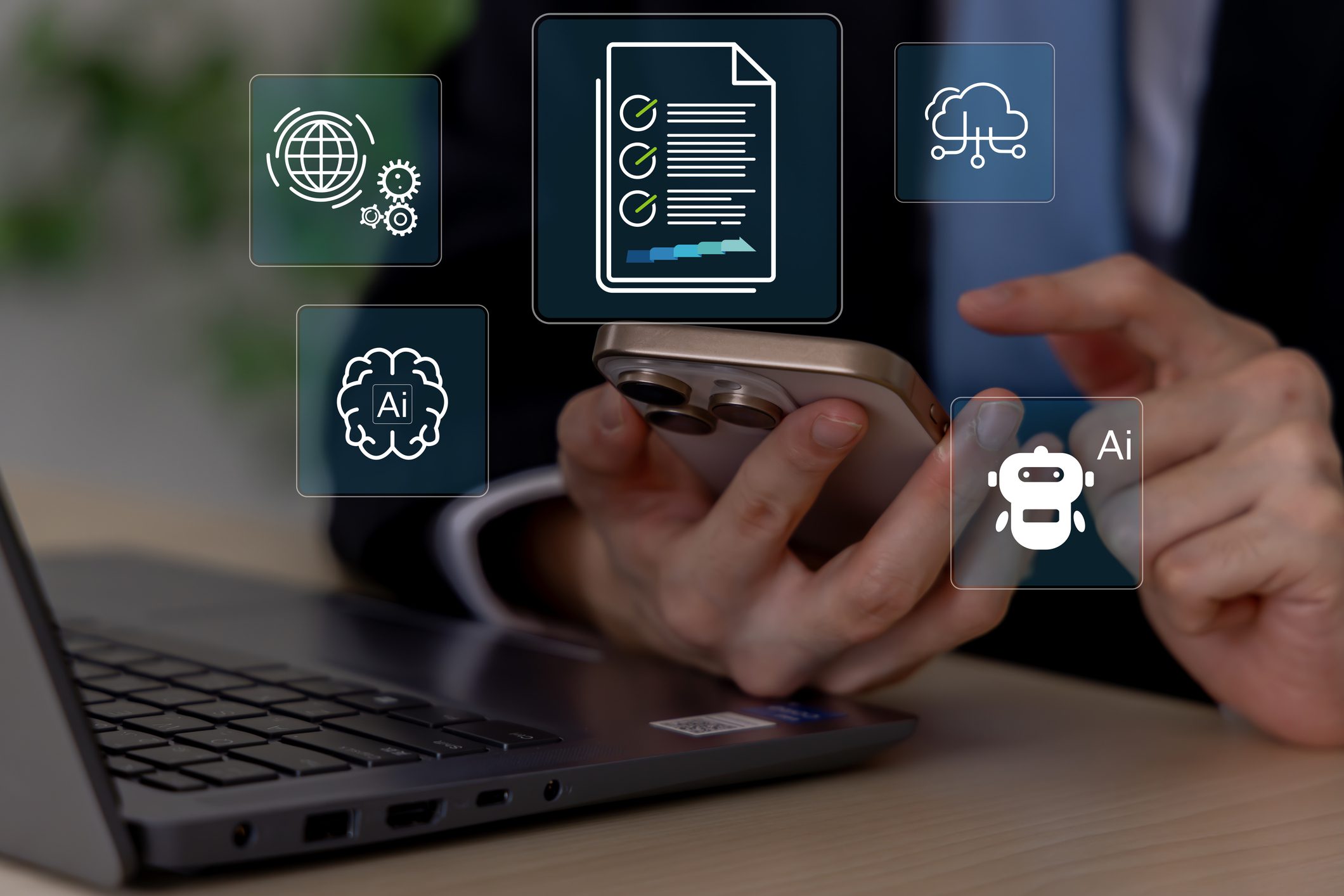 Person using smartphone with AI and technology icons around.