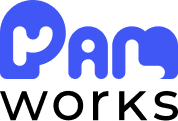 Blue and black logo with the text 'PamWorks'.